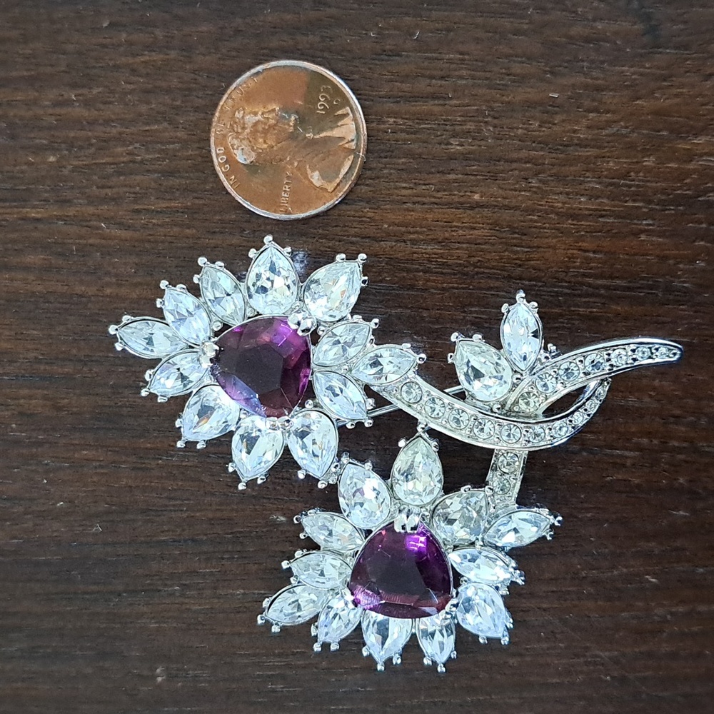 Nolan Miller Statement Brooch, Silver-tone, Rhinestone, Purple Stone - Picture 6 of 8